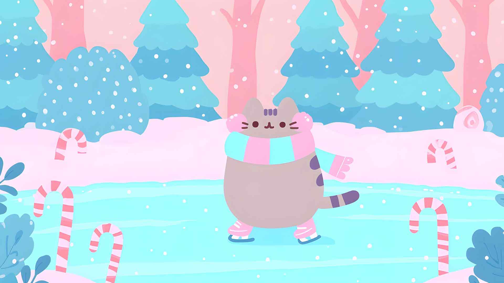 可爱 Pusheen 滑冰冬季粉彩桌面壁纸
