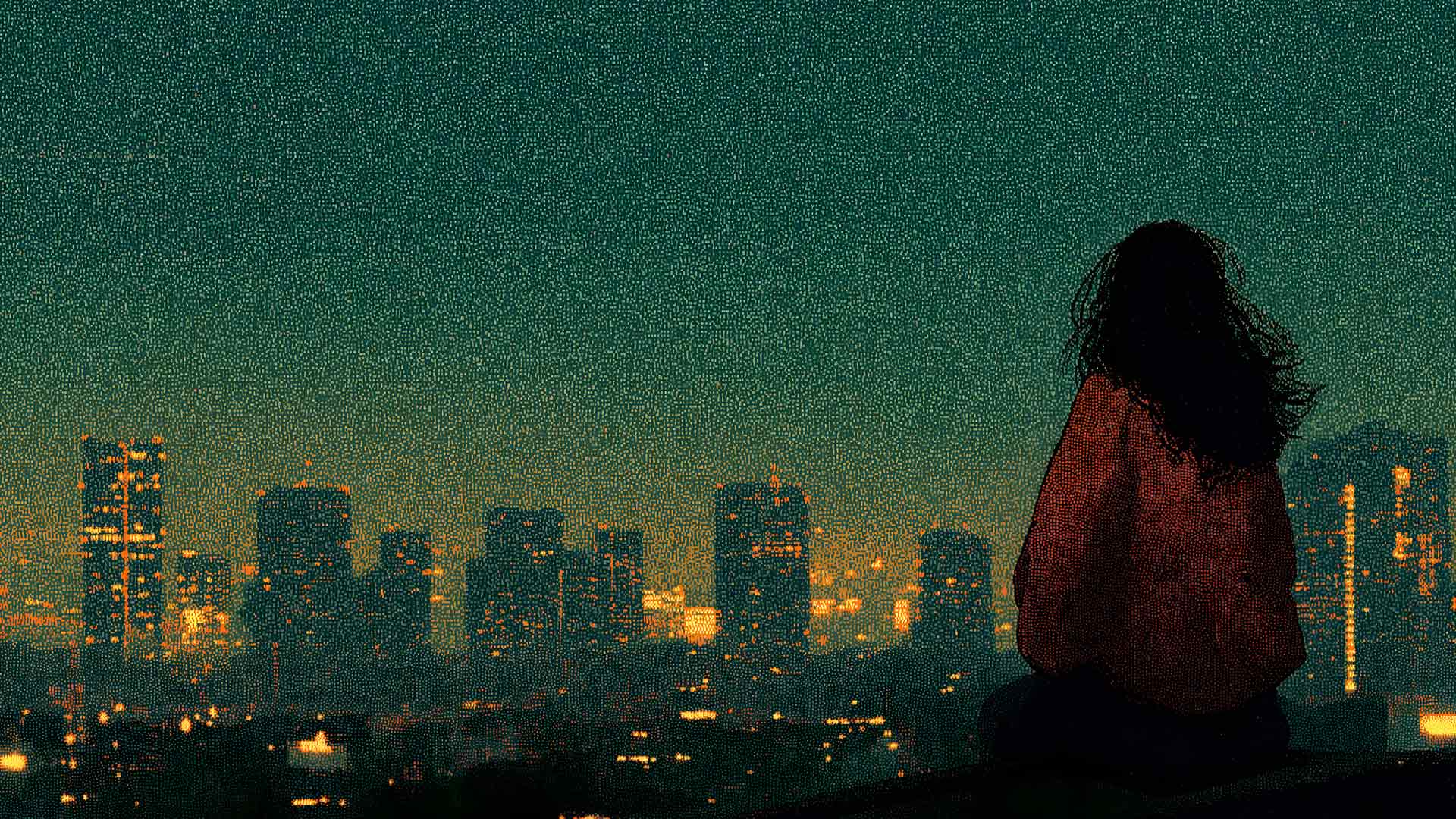 孤独女孩城市灯光夜景桌面壁纸