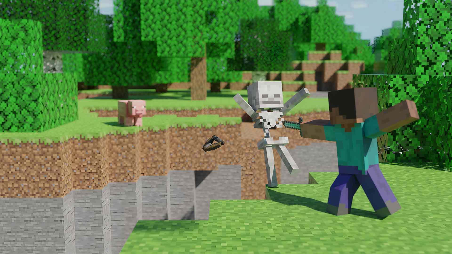 我的世界史蒂夫大战骷髅悬崖桌面壁纸