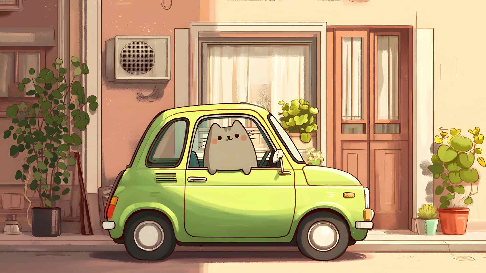 胖吉猫驾驶可爱汽车桌面壁纸