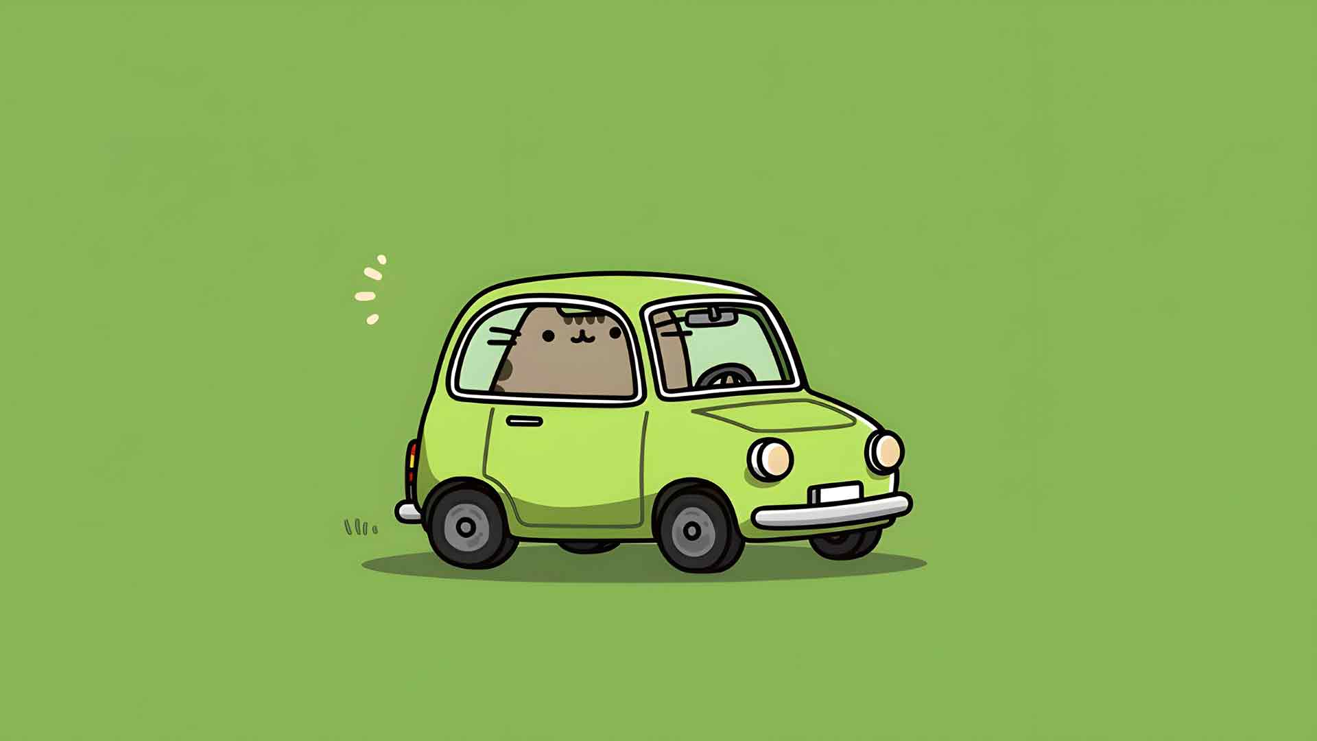 胖吉猫绿色汽车极简卡通桌面壁纸