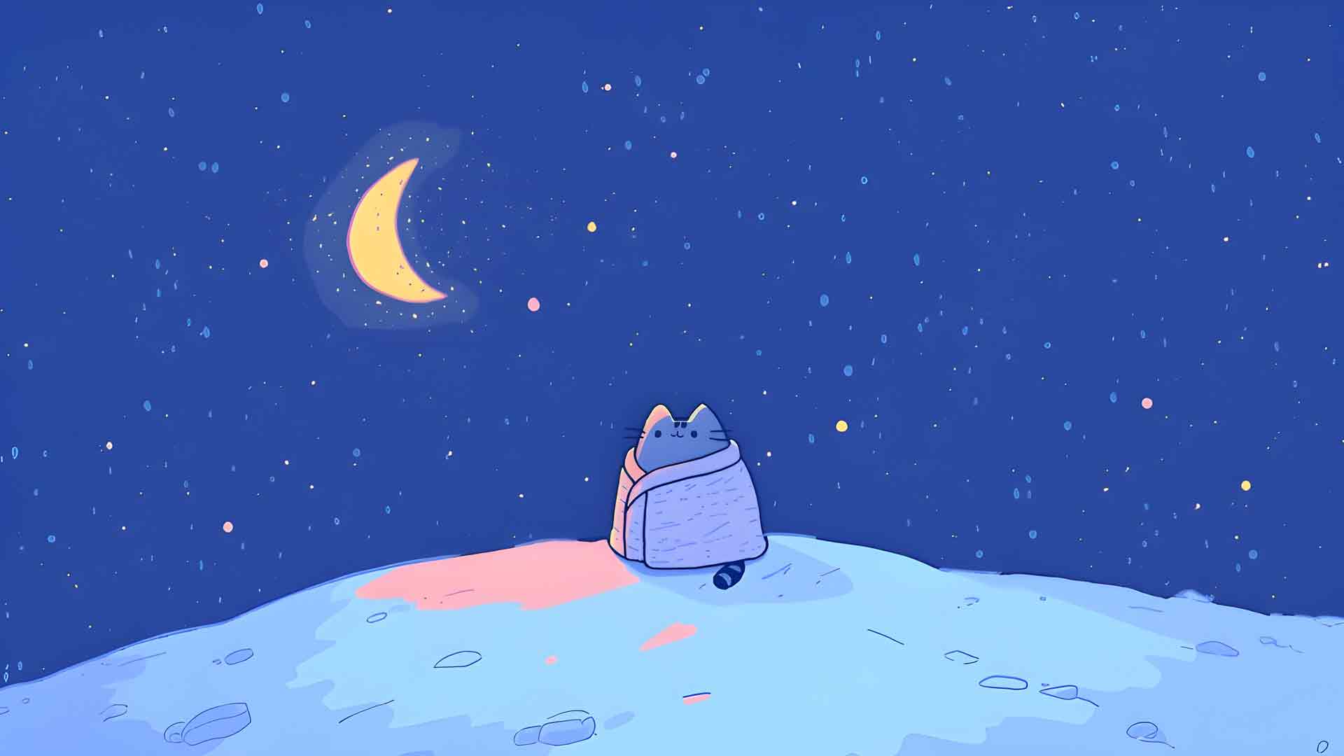小小的胖吉猫星星的夜月可爱桌面壁纸