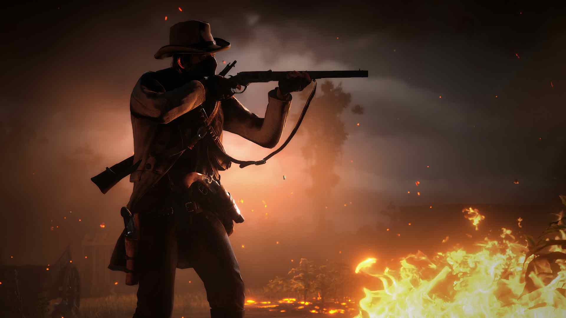 《荒野大镖客：救赎》牛仔站在火堆旁的桌面壁纸