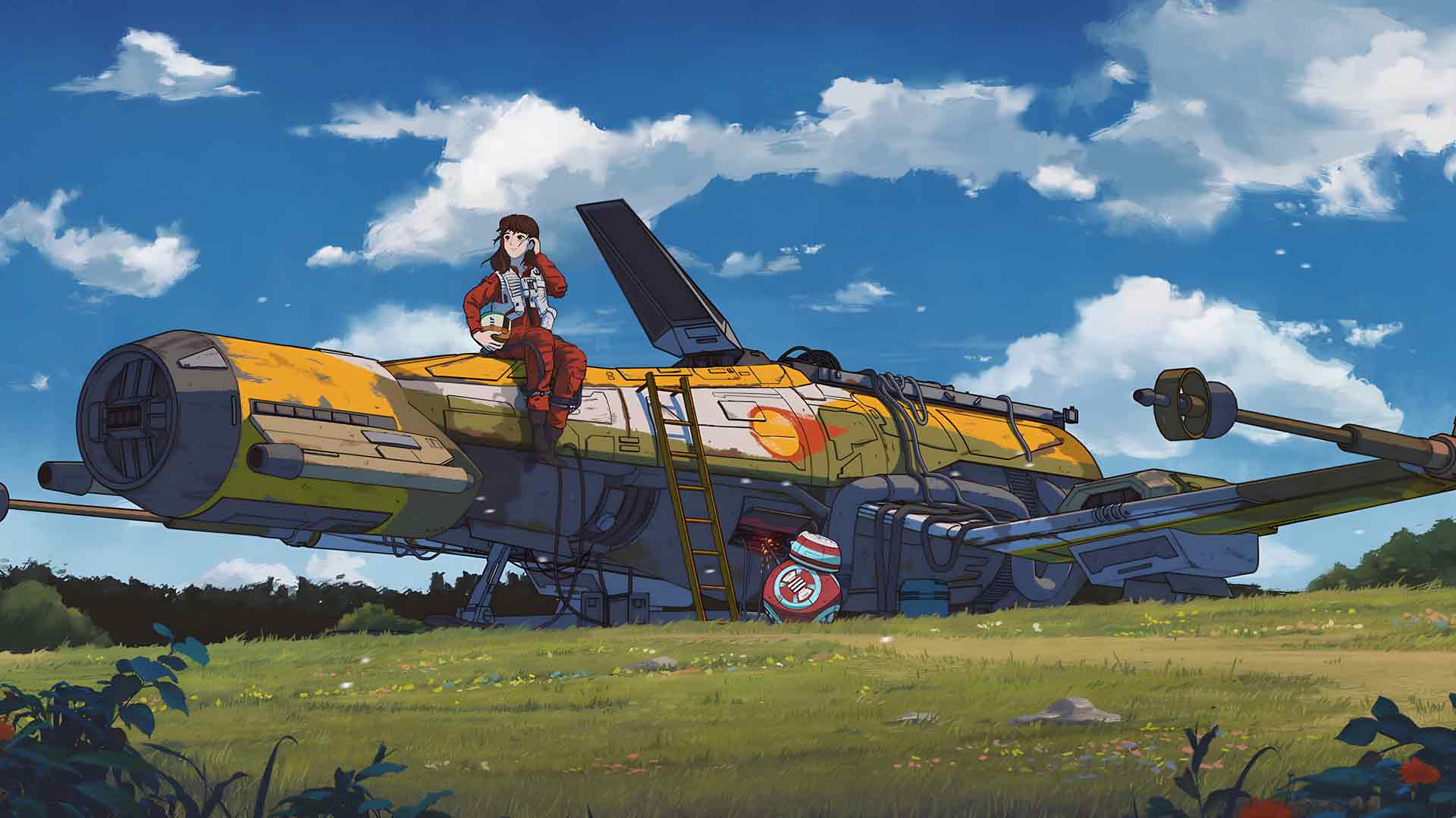 星球大战吉卜力风格飞行员倚靠在X翼战机上的桌面壁纸