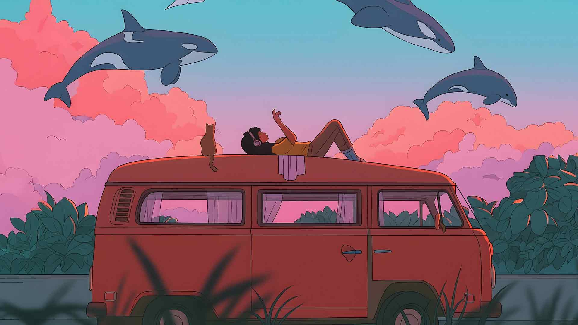 漂浮虎鲸 舒适的露营车桌面壁纸