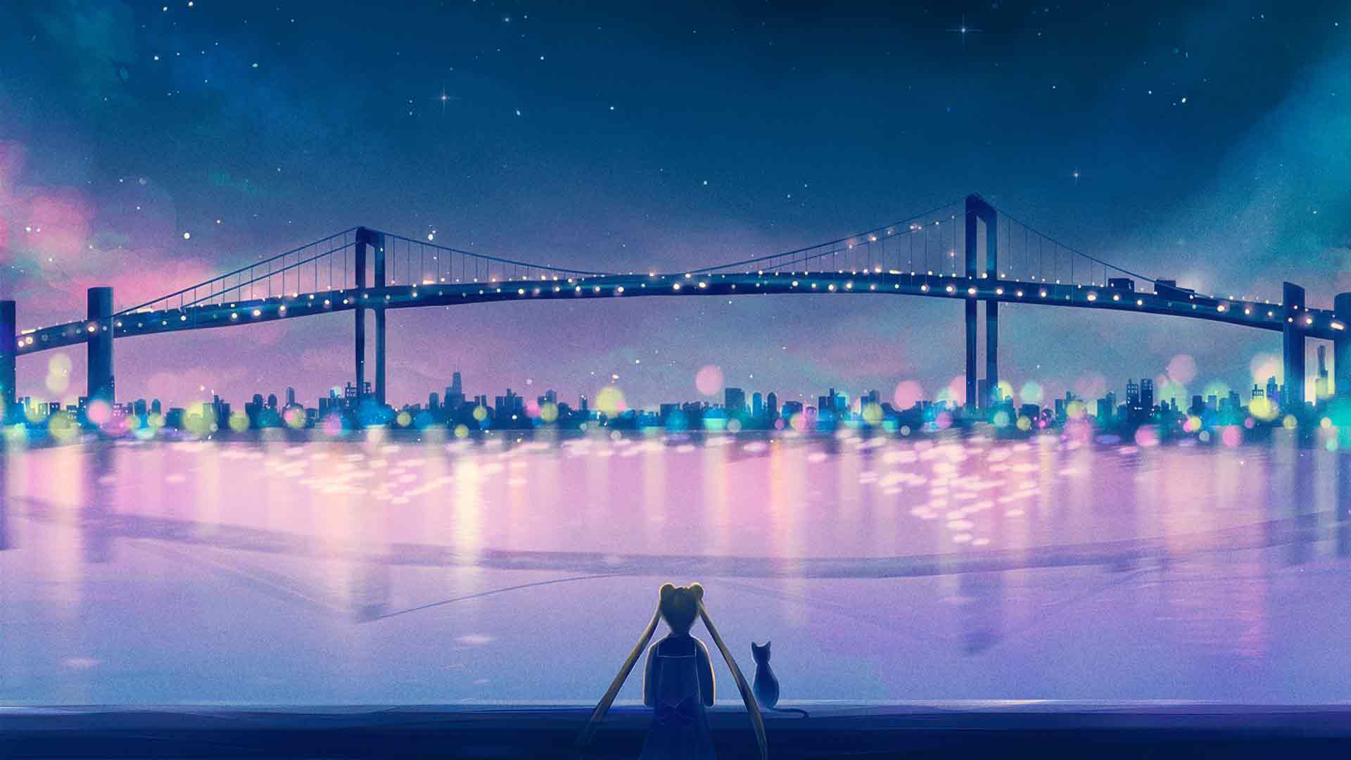 桥边的动漫少女和猫