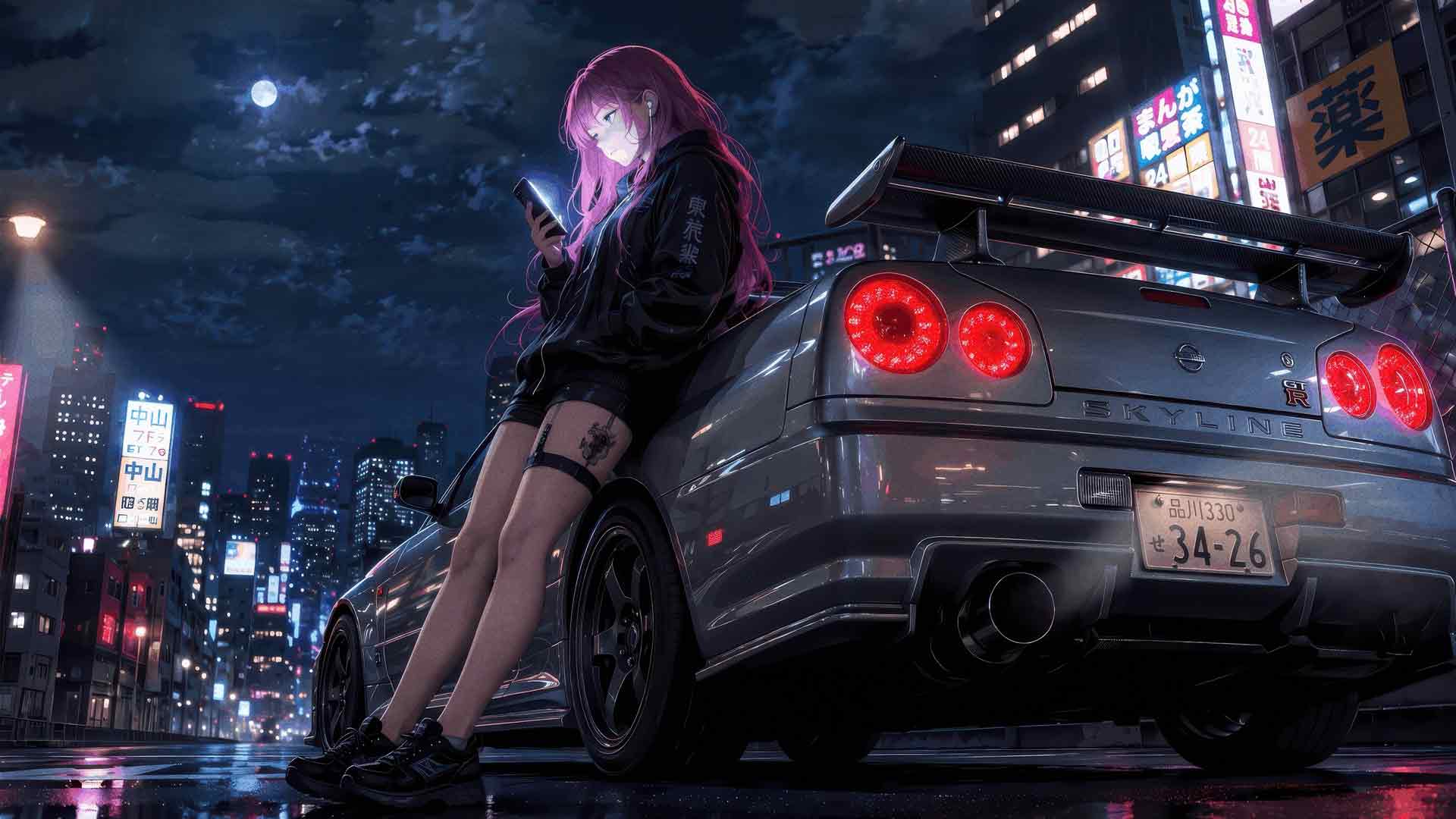 动漫少女倚靠在日产 Skyline GTR 上，东京夜景