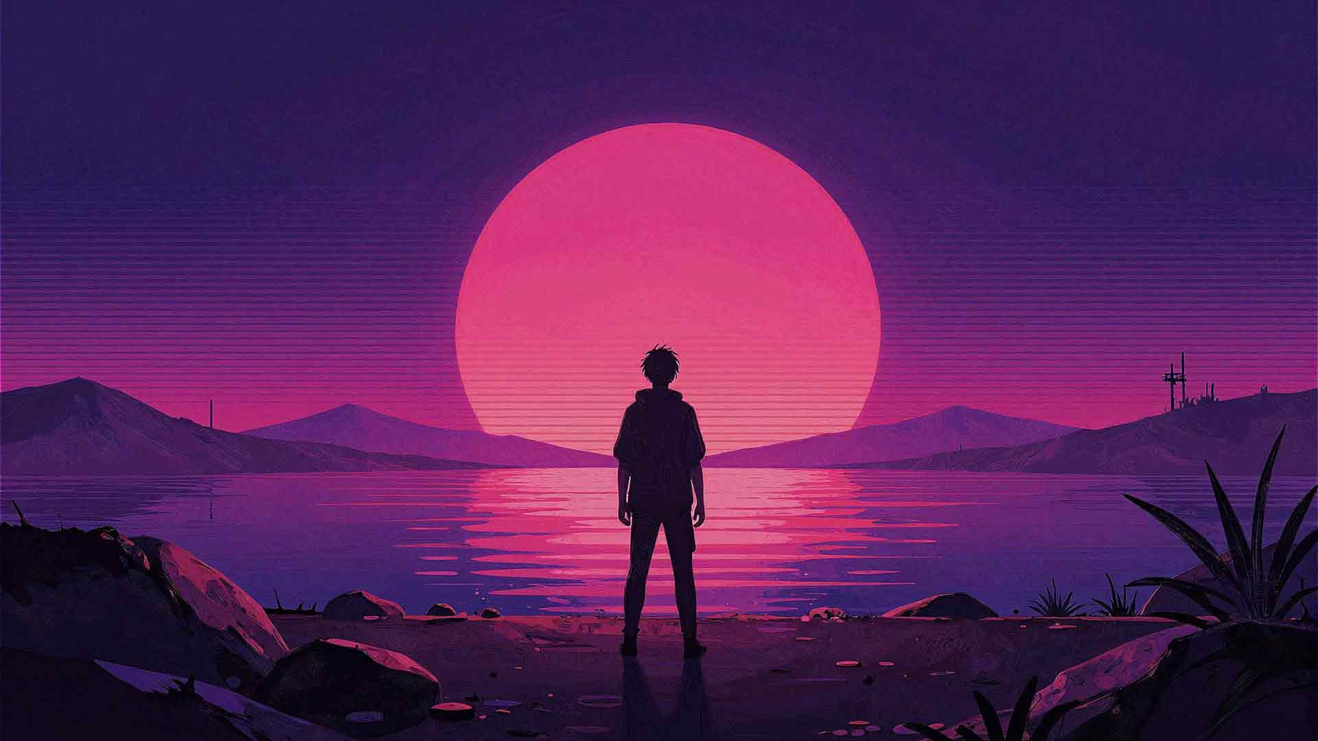 独自站立的男孩 紫色日落湖
